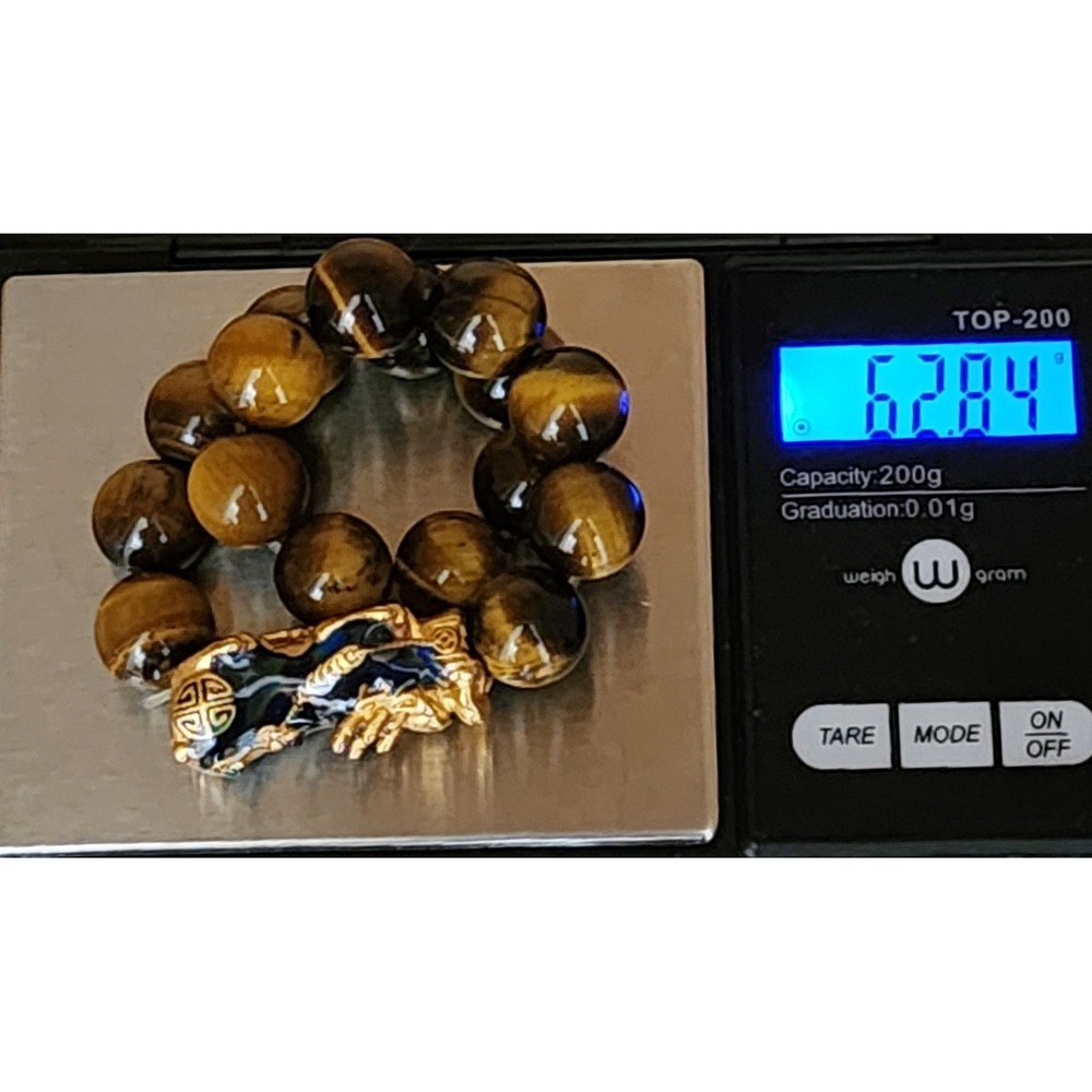 Natural Tigers Eye Bracelet Pixiu Charm Lucky Prosperity 8" Detailed .999 plated - Picture 9 of 10